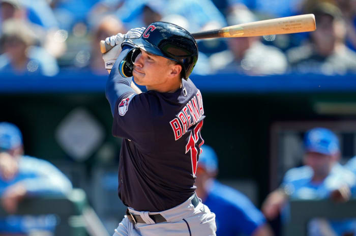Sep 20, 2023; Kansas City, Missouri, USA; Cleveland Guardians left fielder Will Brennan (17) bats during the third inning against the Kansas City Royals at Kauffman Stadium. Mandatory Credit: Jay Biggerstaff-USA TODAY Sports